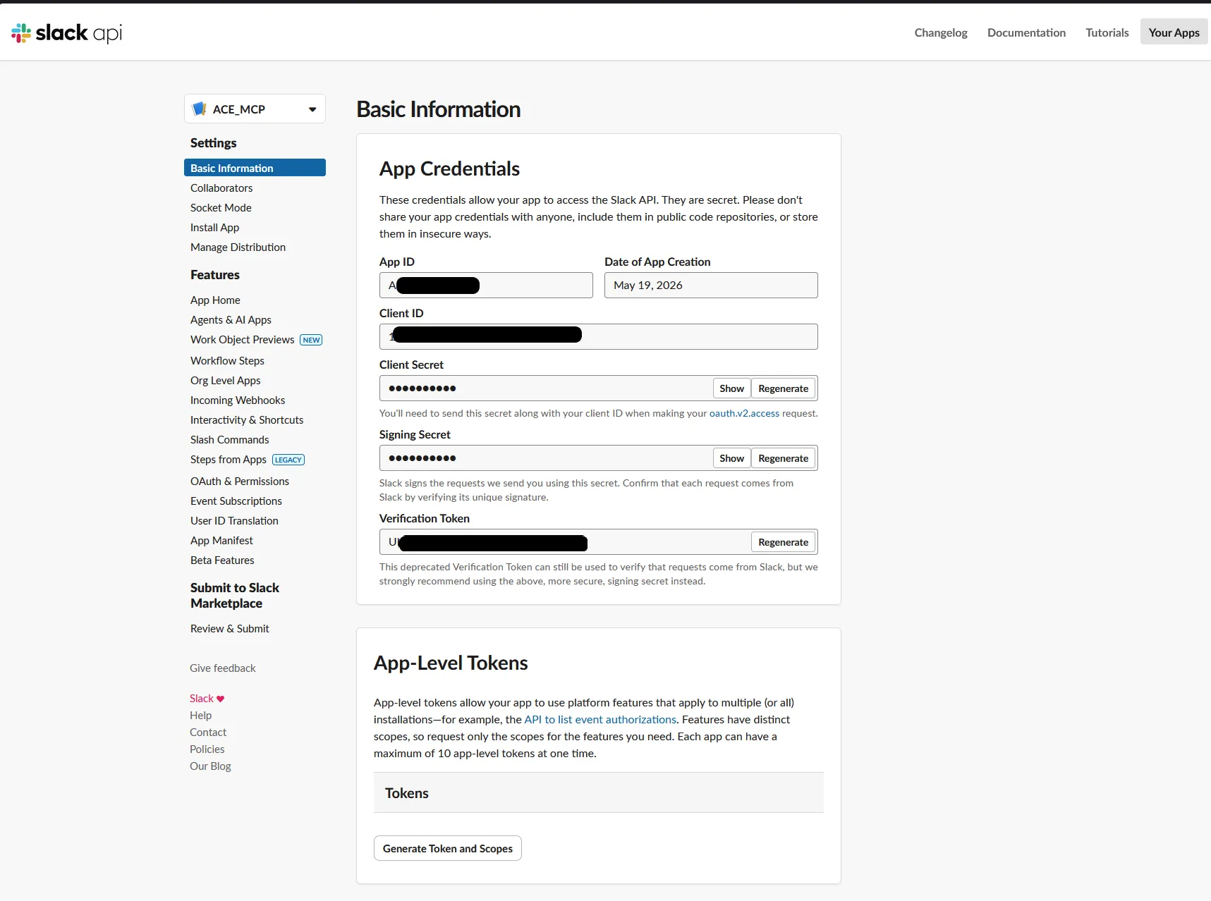 Slack app credentials, redact before publishing