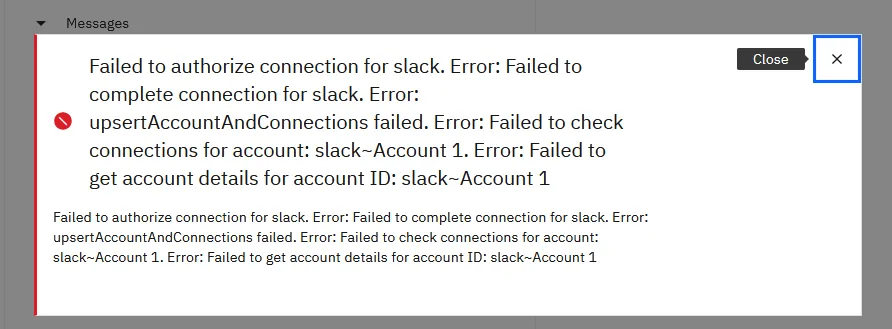 Slack connection error, Failed to get account details